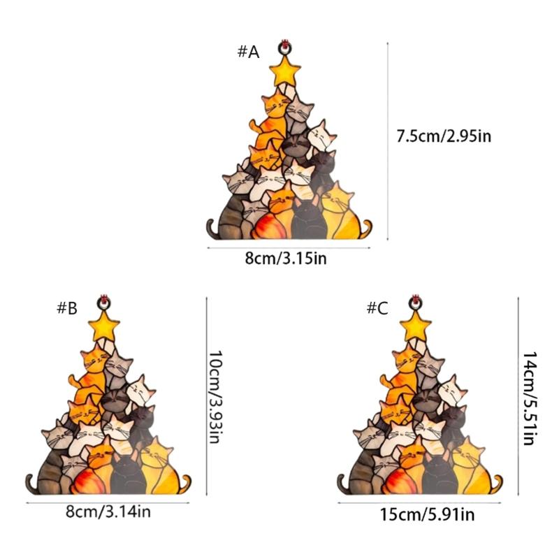 Cats Christmas Tree Suncatchers Colorful Glass Panel Suncatchers Decors Birthday Gift Women Stained Glass Window Hanging
