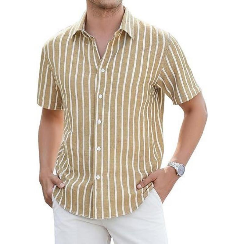 Men Vertical Stripe Lapel Short Sleeve Linen Blend Button Down Shirt
