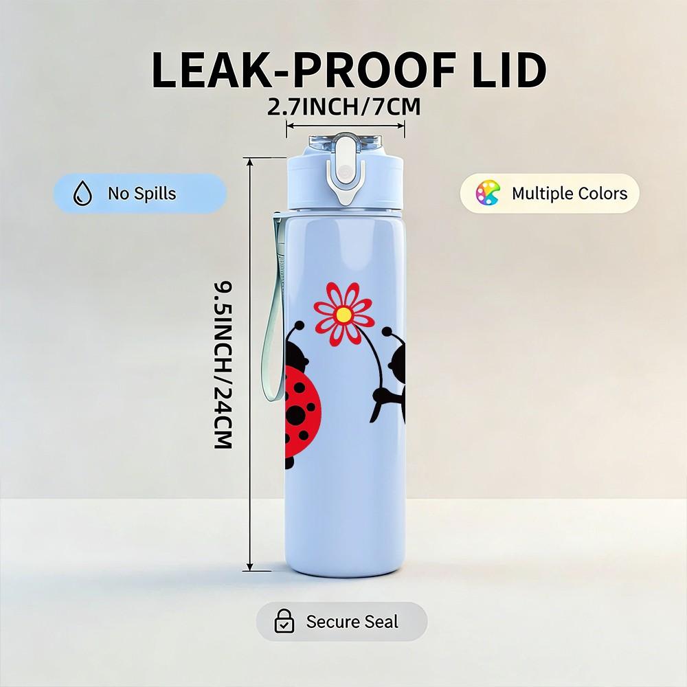 1PC Red Black Ladybug Insect Pair Print 750ml Color Plastic Sports Water Bottle Leakproof Flip Straw Lid Suitable for Sports Office Home Use