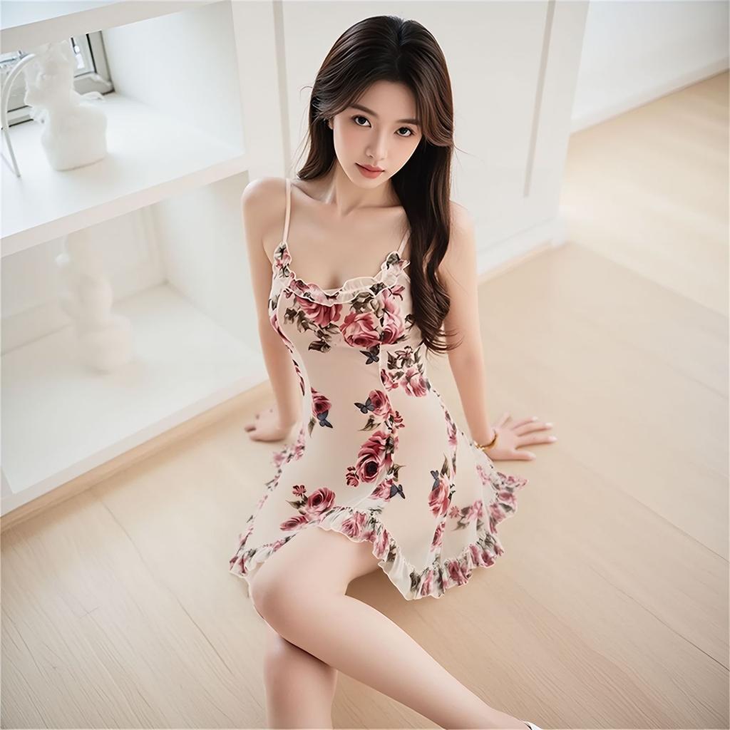 Sexy suspender floral skirt pure desire printed mesh see-through backless nightdress deep V erotic set