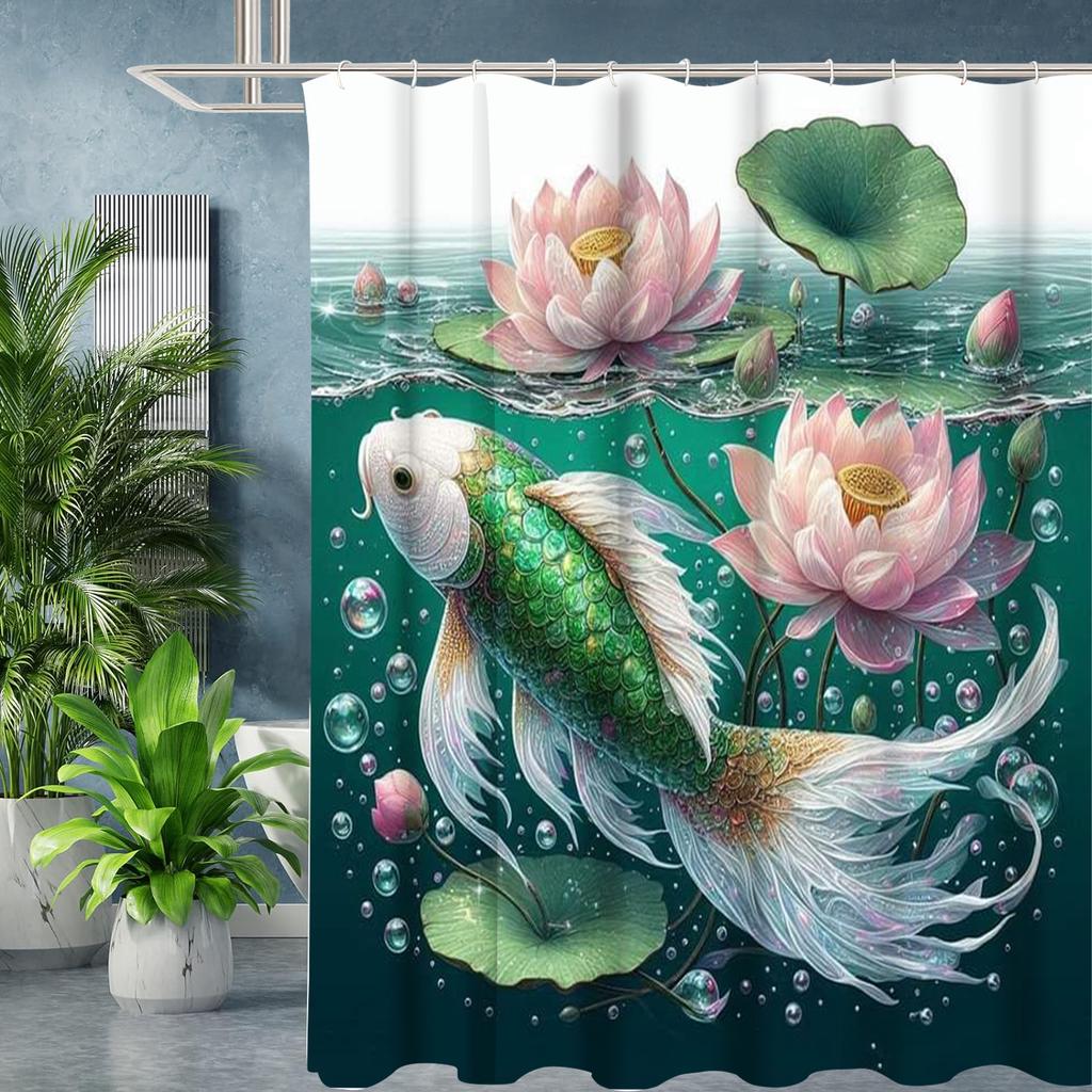 Lotus Fishes Pattern Bathing Curtain  Bathroom Shower Curtain Waterproof With 12 Hooks Home Deco Free Ship