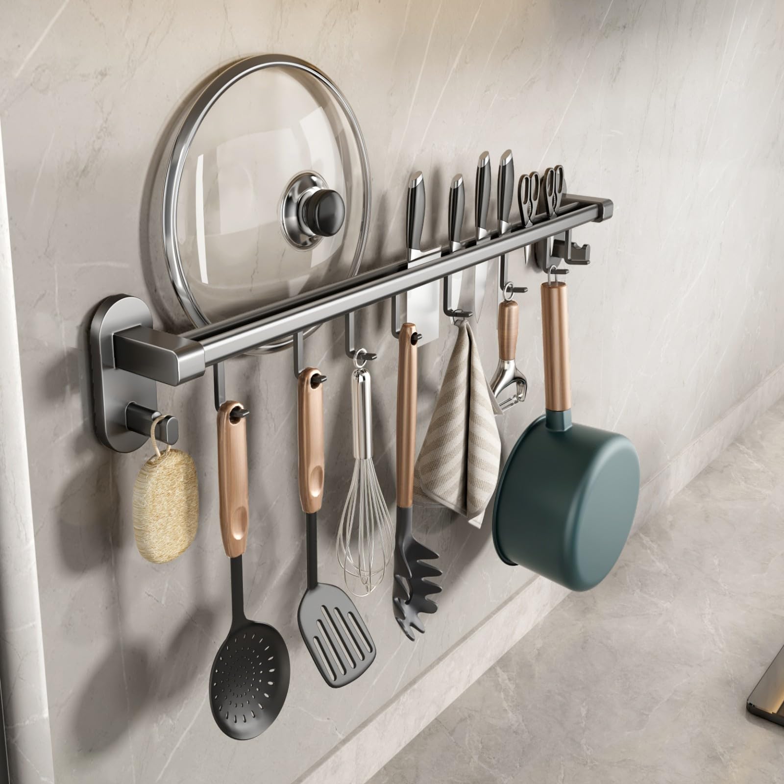 

VOLPONE Aluminum Kitchen Strong Kitchen Waterproof and Adjustable 8 Hooks Rack, Adhesive, Gray, Storage, Lightweight, Rustproof, Hooks, 50cm,