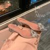 Flash diamond transparent high heels one word with pointed crystal thick heel sandals summer