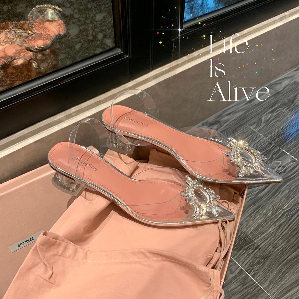 Flash diamond transparent high heels one word with pointed crystal thick heel sandals summer