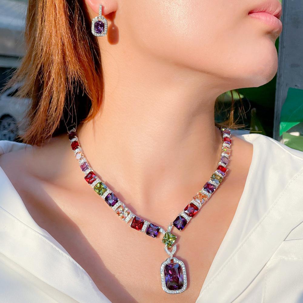 Bridal Color Zircon Necklace Earrings Two-Piece Wedding Dress Noble Earrings Banquet Set Chain