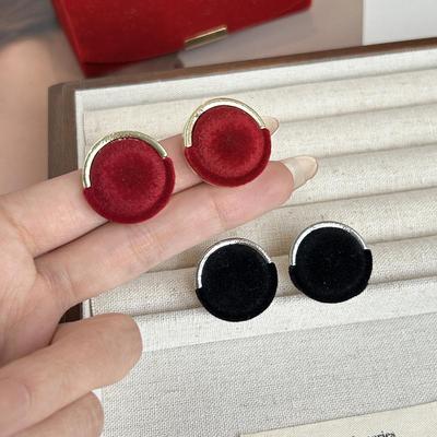 Artistic Retro Silver Needle Round Stud Earrings with Flocking - Luxury Women's Jewelry for Versatile Style