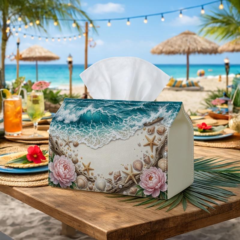 1pc Coastal Beach Peony Shell Tissue Holder - A Versatile Napkin Holder Crafted from Sturdy Polyester, Featuring a Design of White Sand Shoreline, Ide