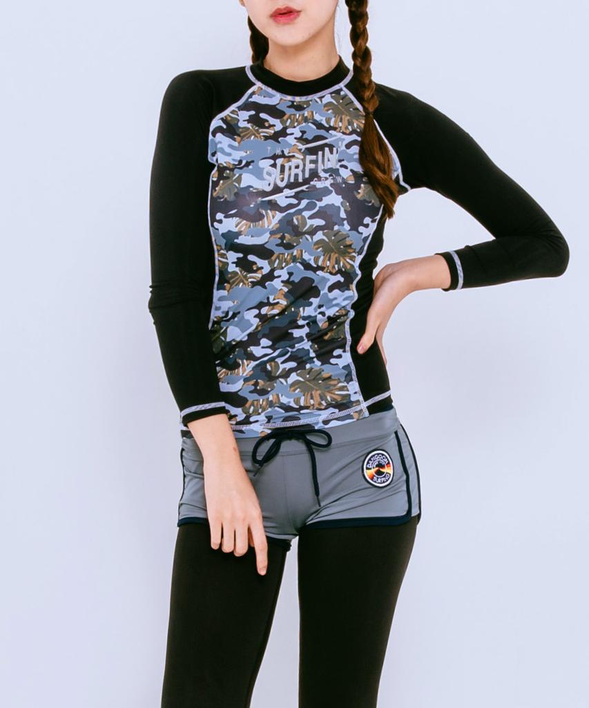 Dangun Camo Color Block Unique Raglan Long Sleeve Rash Guard