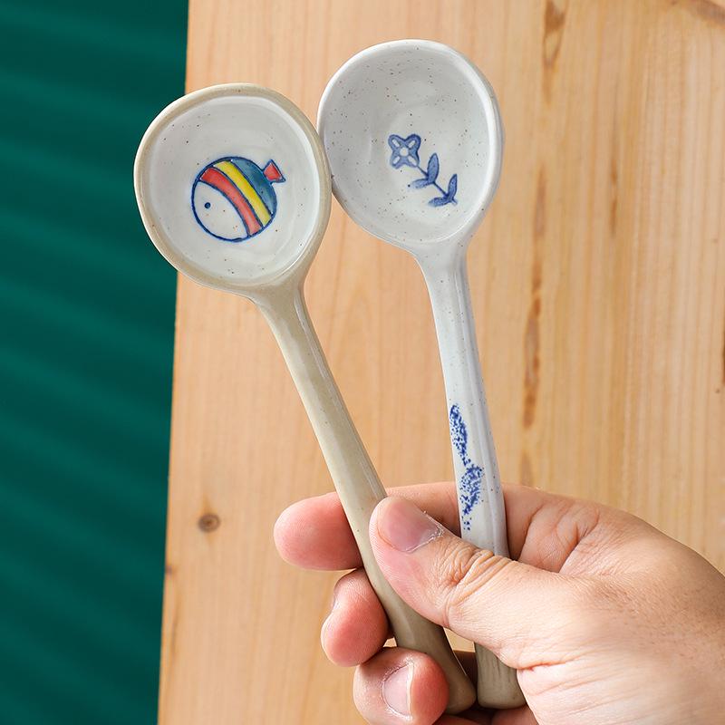 Hand-painted Ceramic Spoon: Cute Long Handle for Dessert, Coffee, Soup, and Kids.
