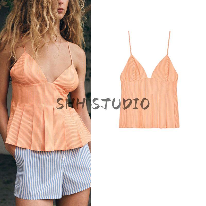 Spring and Summer New Women's Clothing Minimalist Wind V Neck Wide Pleated Hem Poplin Stripes Sleeveless Casual Tops 2923185