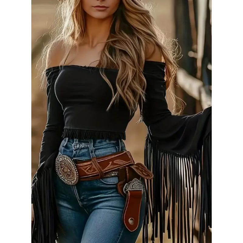 Women S Solid Tassel Off Shoulder Long Sleeve Fitted T Shirt
