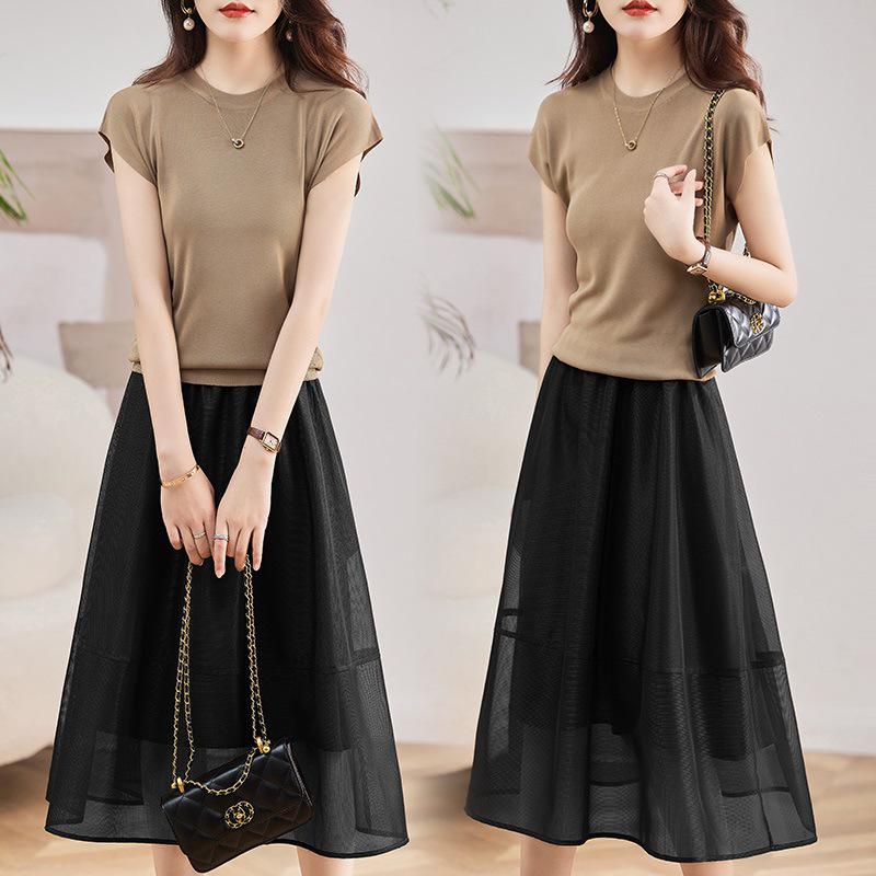 2024 Summer Women's Slim Organza Dress: Ice Silk Knit Waist Two-Piece Set