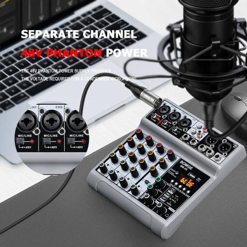 BOMGE Audio Mixer, 5-Channel Digital USB Bluetooth Soundboard Mixing Console with Echo Delay Effects, 48V Phantom Power Stereo DJ Mixer for Recording,