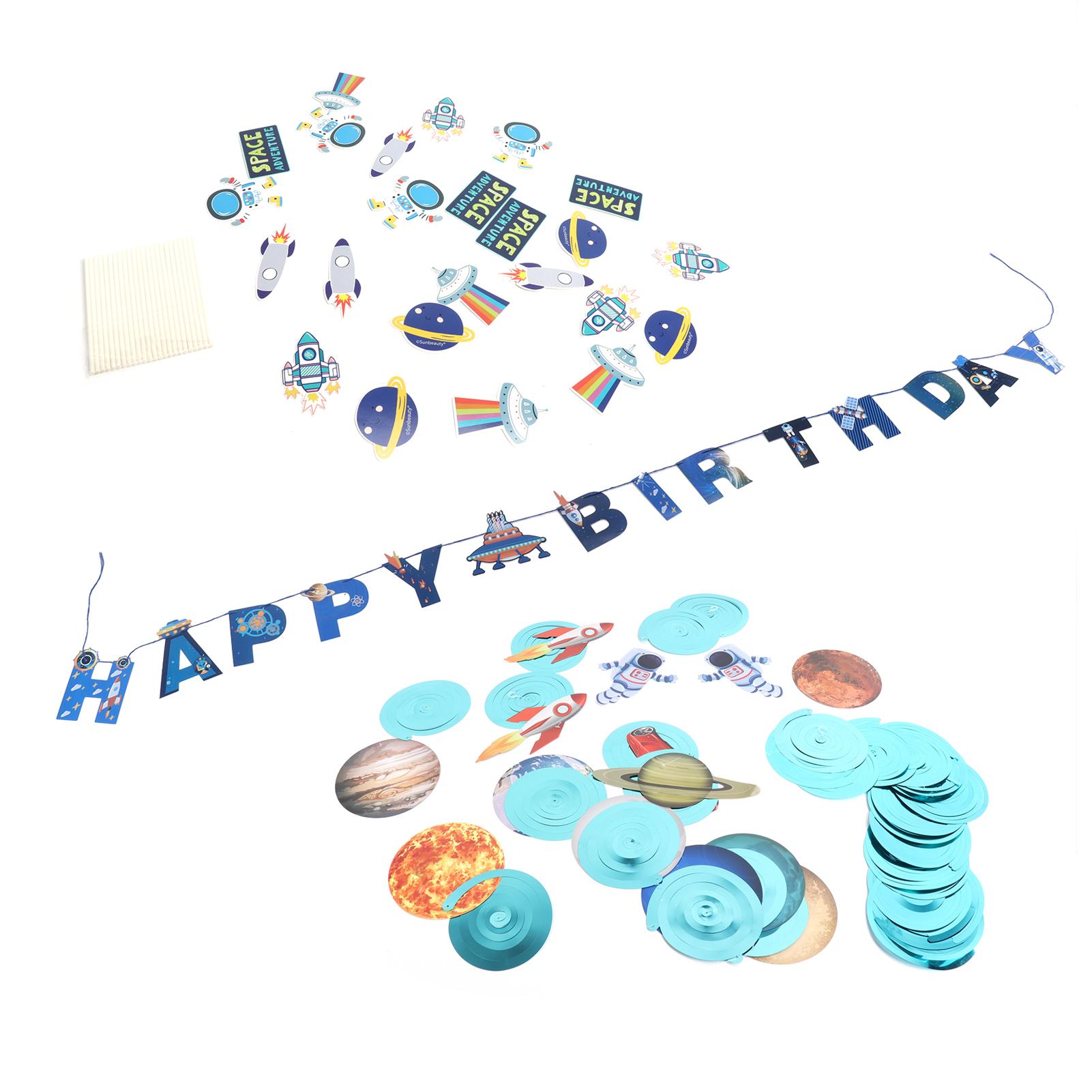 

Декорація для підвішування на тему космосу, спіральні гірлянди, банери «З Днем народження» для дитячого дня народження