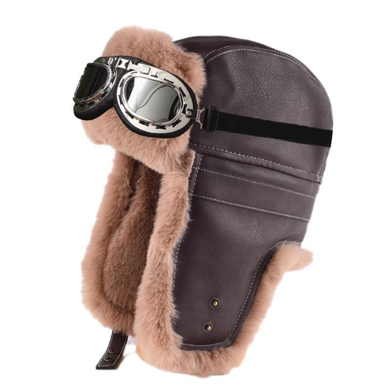 Winter Lei Feng hat men's and women's outdoor skiing fleece thermal goggles thermal hat windproof leather cycling hat