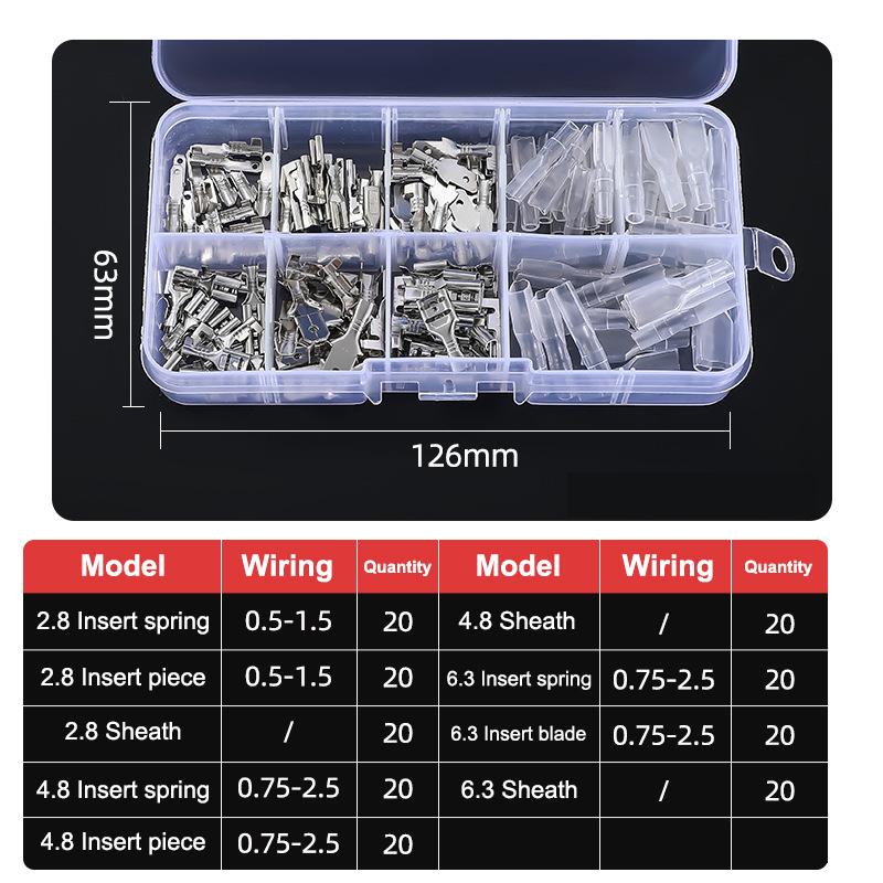 Złącza płaskie 2,8 mm 4,8 mm 6,3 mm, Złącza szybkozłączki męskie i żeńskie, Zestaw asortymentowy w pudełku z osłoną PVC
