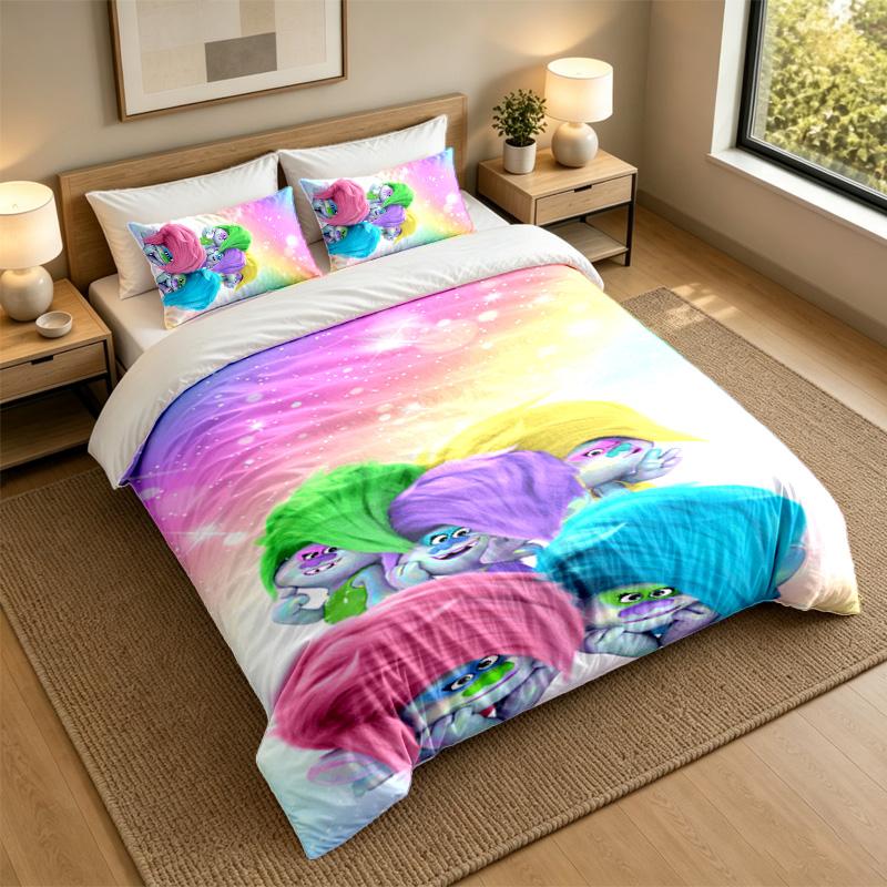 Soft Bedding Set Trolls Pattern, 1 Duvet Cover plus 2 Pillowcases Stylish Bedroom Home Textile