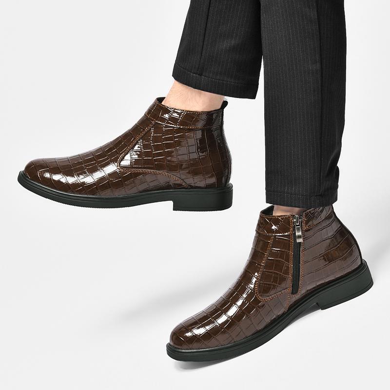 Fashion Fashionable Side Zipper Business Leather Boots Men's Quality Rubber Soles Comfort Chelsea Boots Winter Plush Warm High Top Boots