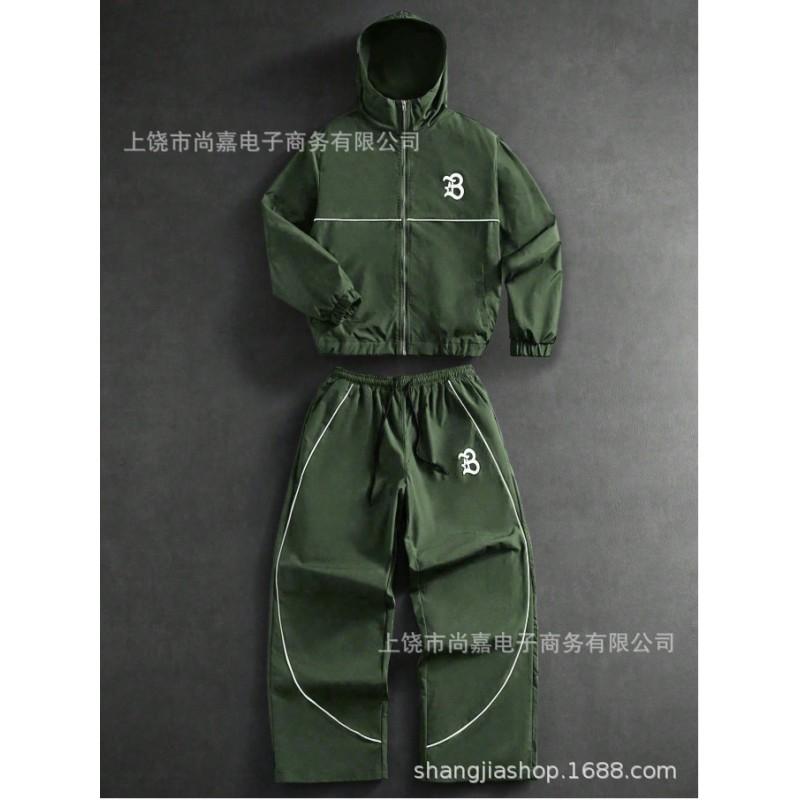 Mens Hooded Zip-Up Letter Print Tracksuit Set Casual Sportswear Lightweight Air Layer Fabric Fall