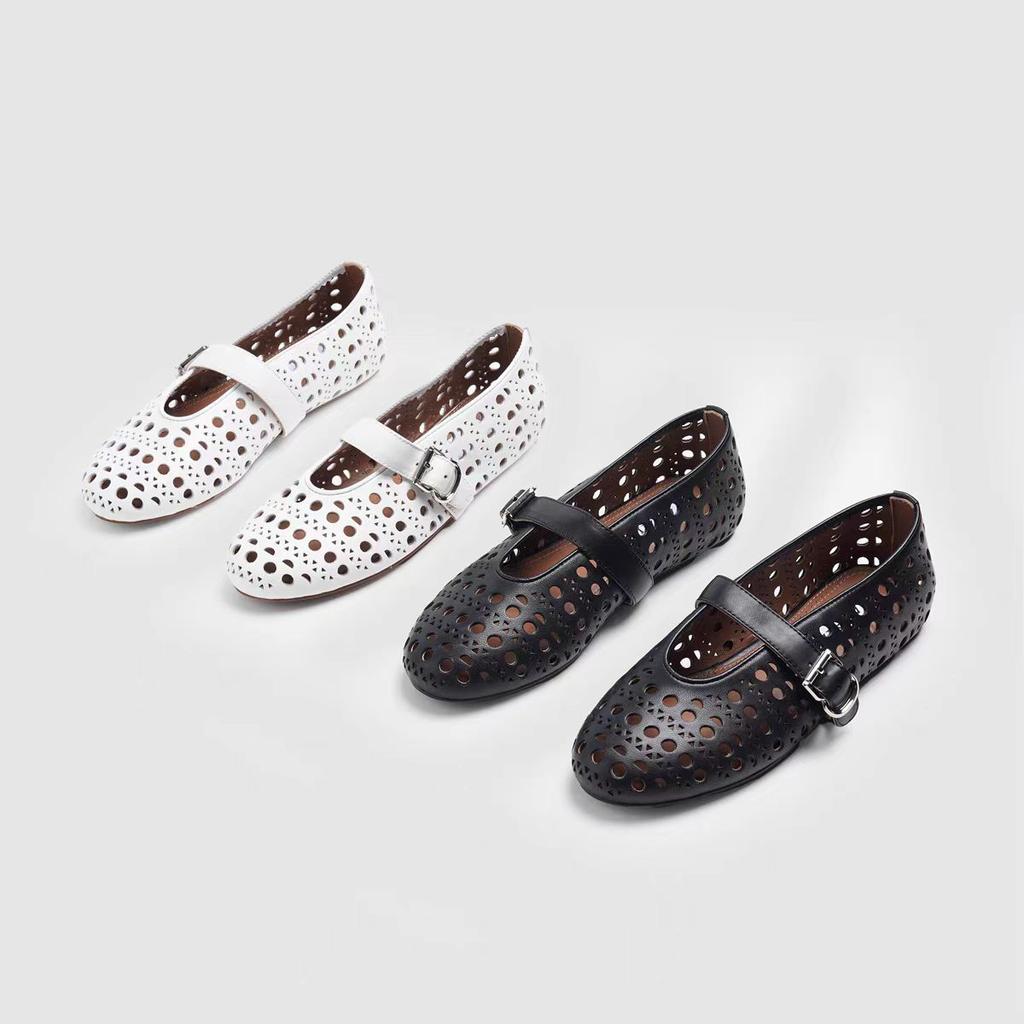 New spring and summer shallow mouth dancing single shoes one-word buckle belt hollow round head flat bottom niche ballet boat shoes