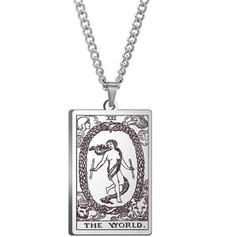 Tarot Stainless Steel Necklace Men'S Hip Hop Personality Retro Square Pendant Sweater Necklace