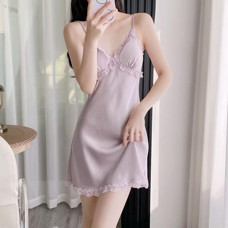 Satin Ice Silk Lace-Trimmed Camisole Nightgown with Chest Pads Large