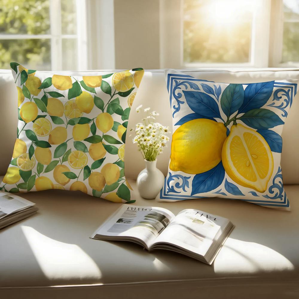 Blue  toned Watercolor Lemon Cushion Cover Pillowcase Antidustmite Invisible Zipper Short Plush Sofa Cushion