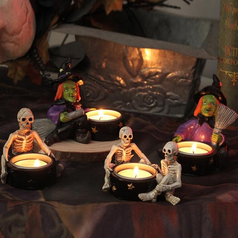 Mysterious Witch Skeleton Candle Stand, Handmade Resin Candle Holder CAndlestick for Themed Parties Halloween