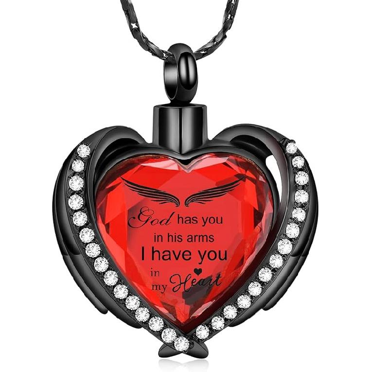 Imrsanl Angel Wing Heart Urn Pendant Necklaces for Women Girls Crystal Birthstone Cremation Jewelry Urns for Human Ashes Memorial Locket Keepsake