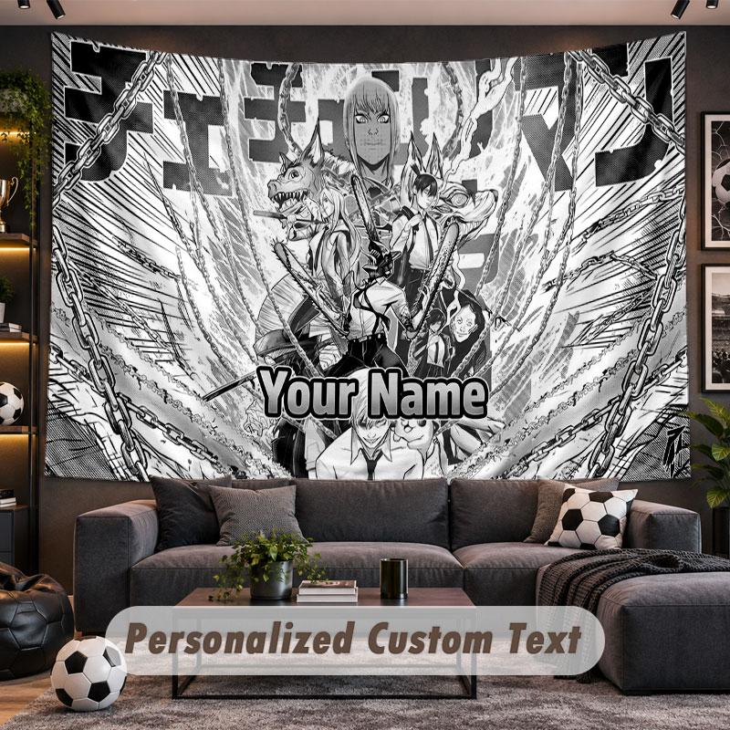 Wall Hanging Tapestry Custom NameChainsaw Man Pattern Personalized Printed Fabric Wall Decor