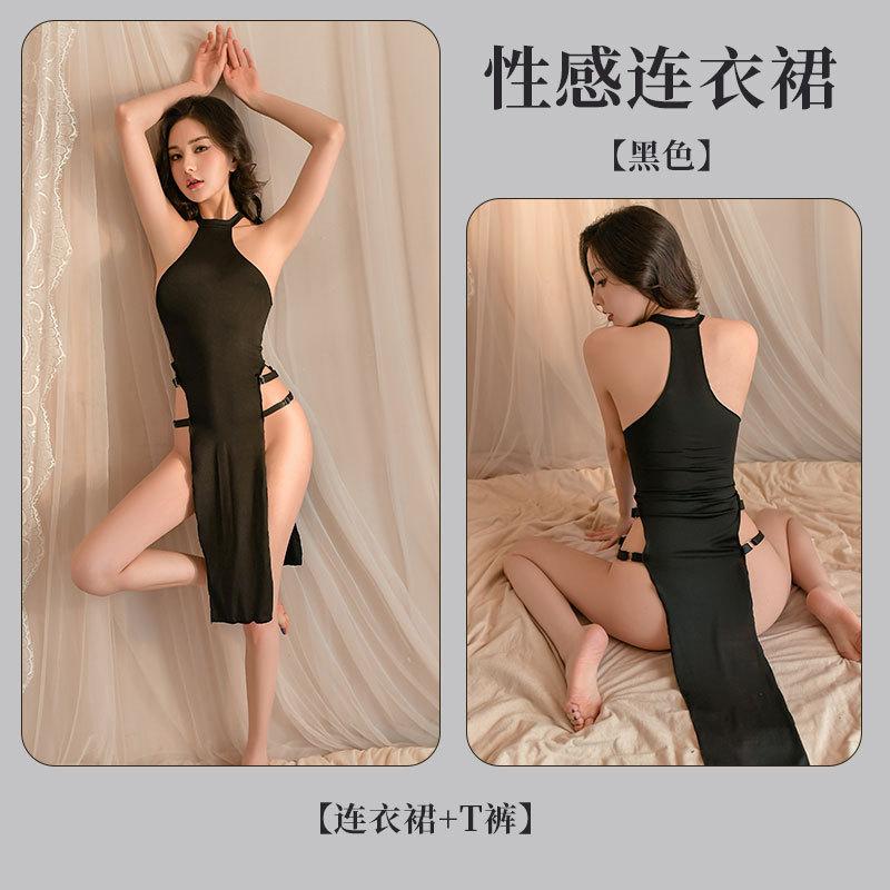 Sex underwear sexy solid color sleeveless hollow side split high waist tights dress nightdress set