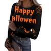 Women's Casual Ribbed Long Sleeve Top Halloween Print Round Neck Slim Fit Stretchy Knit Shirt for Fall Seasonal Wear
