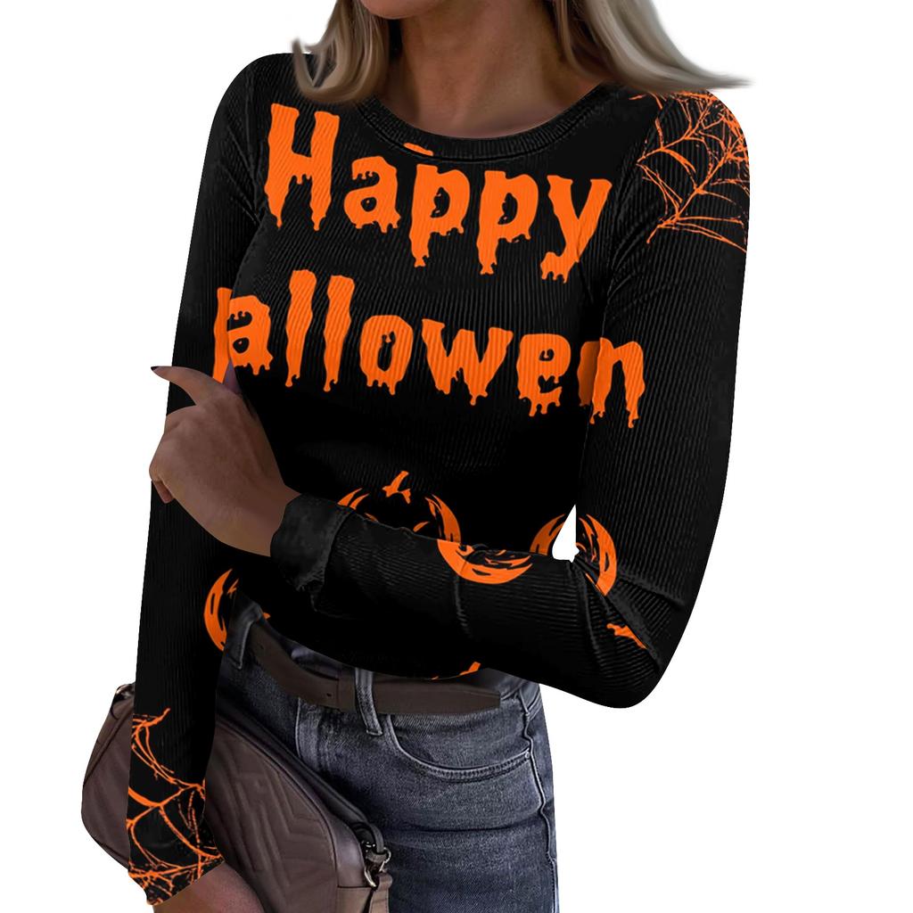 Women's Casual Ribbed Long Sleeve Top Halloween Print Round Neck Slim Fit Stretchy Knit Shirt for Fall Seasonal Wear