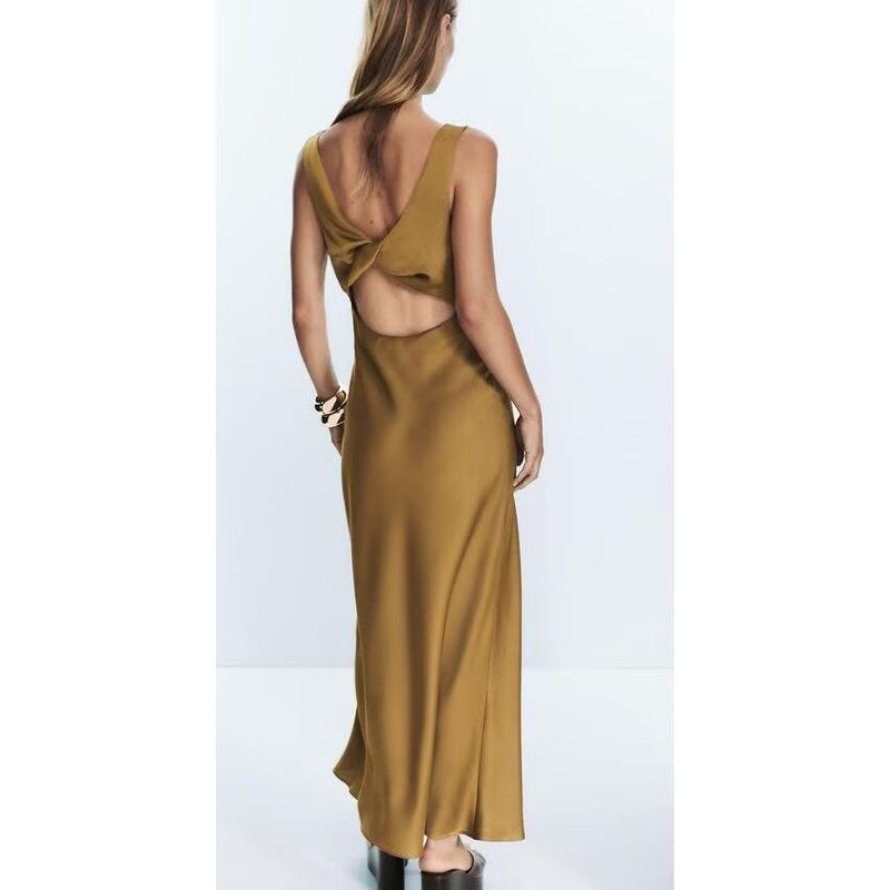 Zbzr Spring New Women Clothes Western Style Fashion Silk Satin Texture V-neck Midi Dress 8492366 510