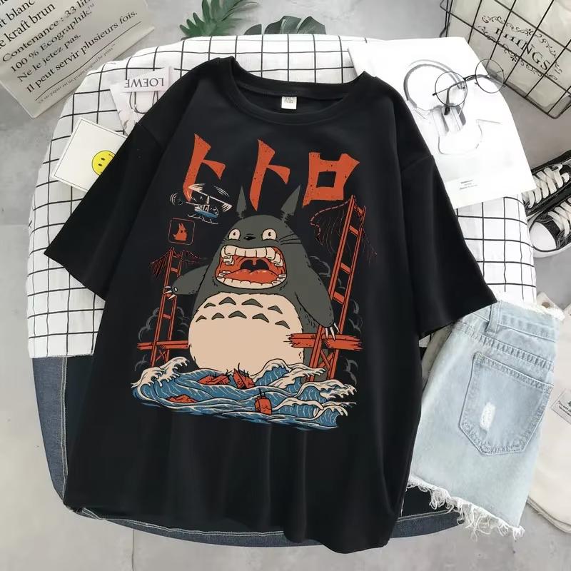 Hayao Miyazaki Anime Series Totoro Printed Men's and Women's Casual Loose Round Neck Short Sleeves Harajuku Anime Tshirt