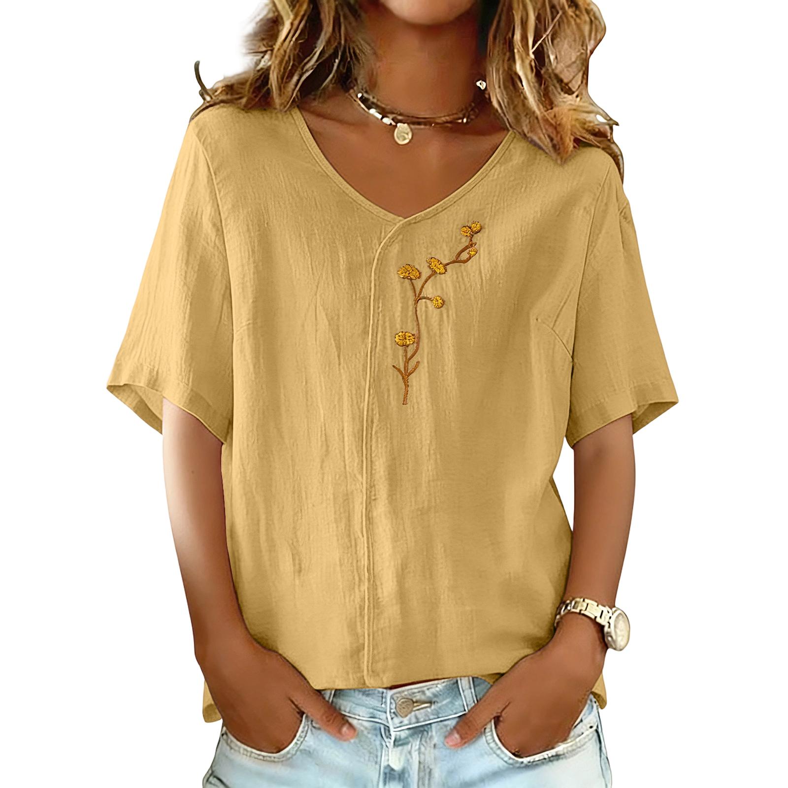 

Ladies Color Casual Embroidery Breathable Loose Cotton And Linen Top XL жовтий