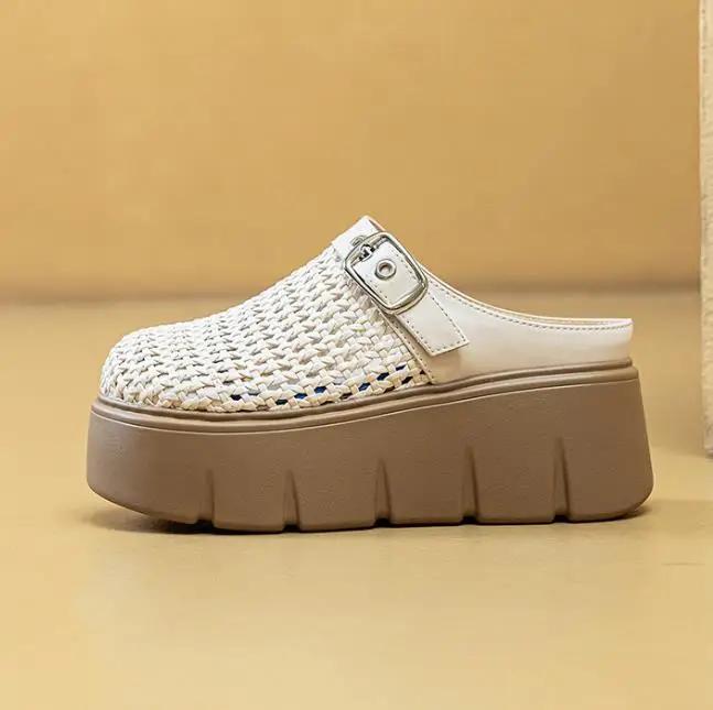 Fashion 7CM Synthetic Microfiber Leather Platform Wedge High Brand Slipper Hollow Slip On Breathable Women Sandals Round Toe Shoes