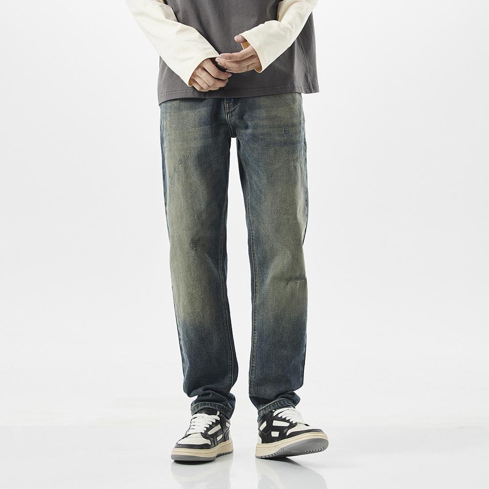 American Vibe Jeans Men's Loose Denim Men's Pants High Street Nostalgic Retro Elastic Denim Trousers Dirty Pants