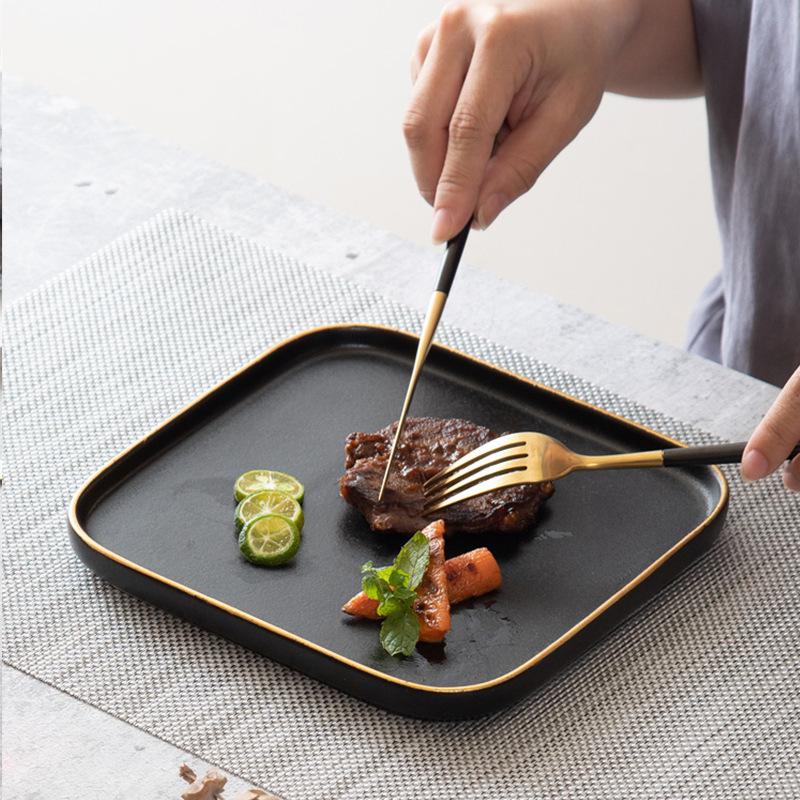 Nordic Black Frosted Square Steak Plate Ceramic Plate Creative Western Plate Household Dish Tableware