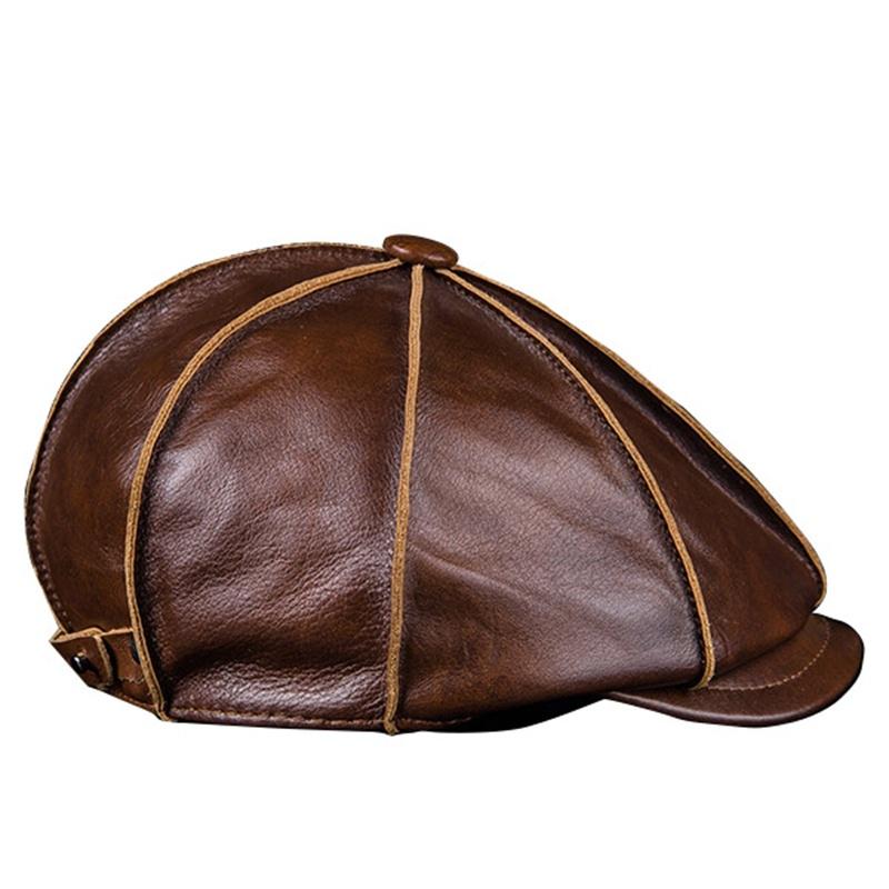 Men's 100%Genuine Cowhide Leather Warm Octagonal Cap Casual Vintage Newsboy Cap