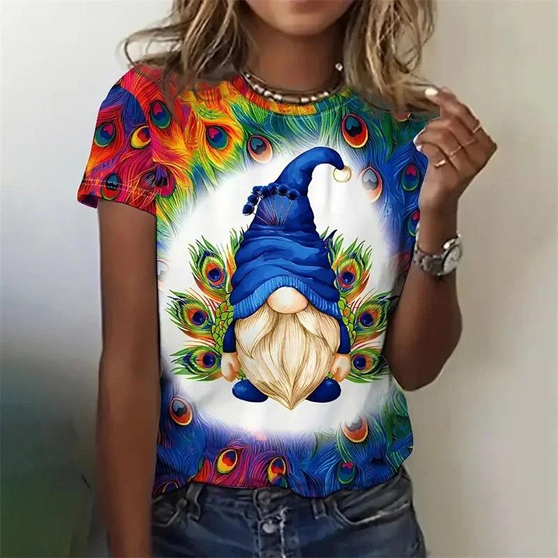 

New 3D Printed Cute Santa Claus Women Flower Peacock Pattern Summer Loose Short Sleeve Round Neck Tops S