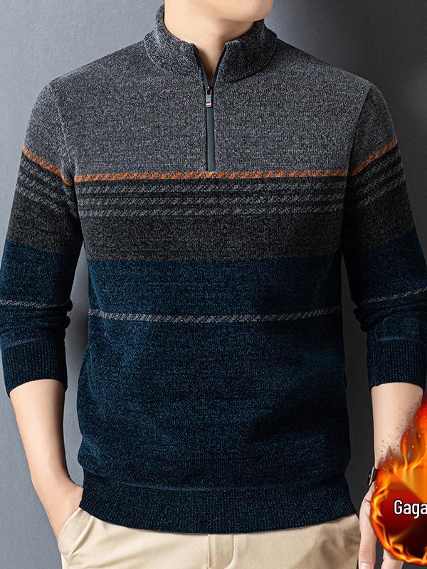 Men's Winter Half-Zip Chenille Fleece Sweater: Warm, Fashionable Color Block Knitwear with Stand Collar