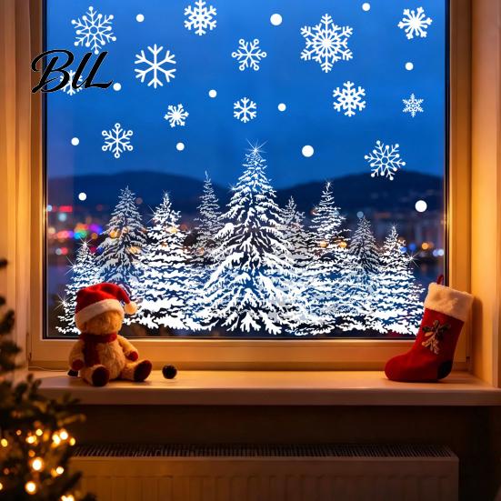 Decorative Window Film Christmas Tree Snowflake Static Sticker, Double-sided Cling Decal, PVC Decals Reusable Glass for Parties Holiday Clings