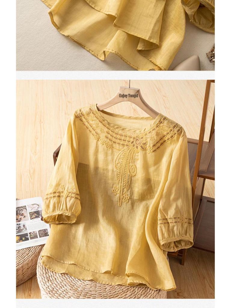 High-End Damen Übergröße Leinen-Baumwoll Kurzarmhemd - Sommer 2025 Chinesischer Stil