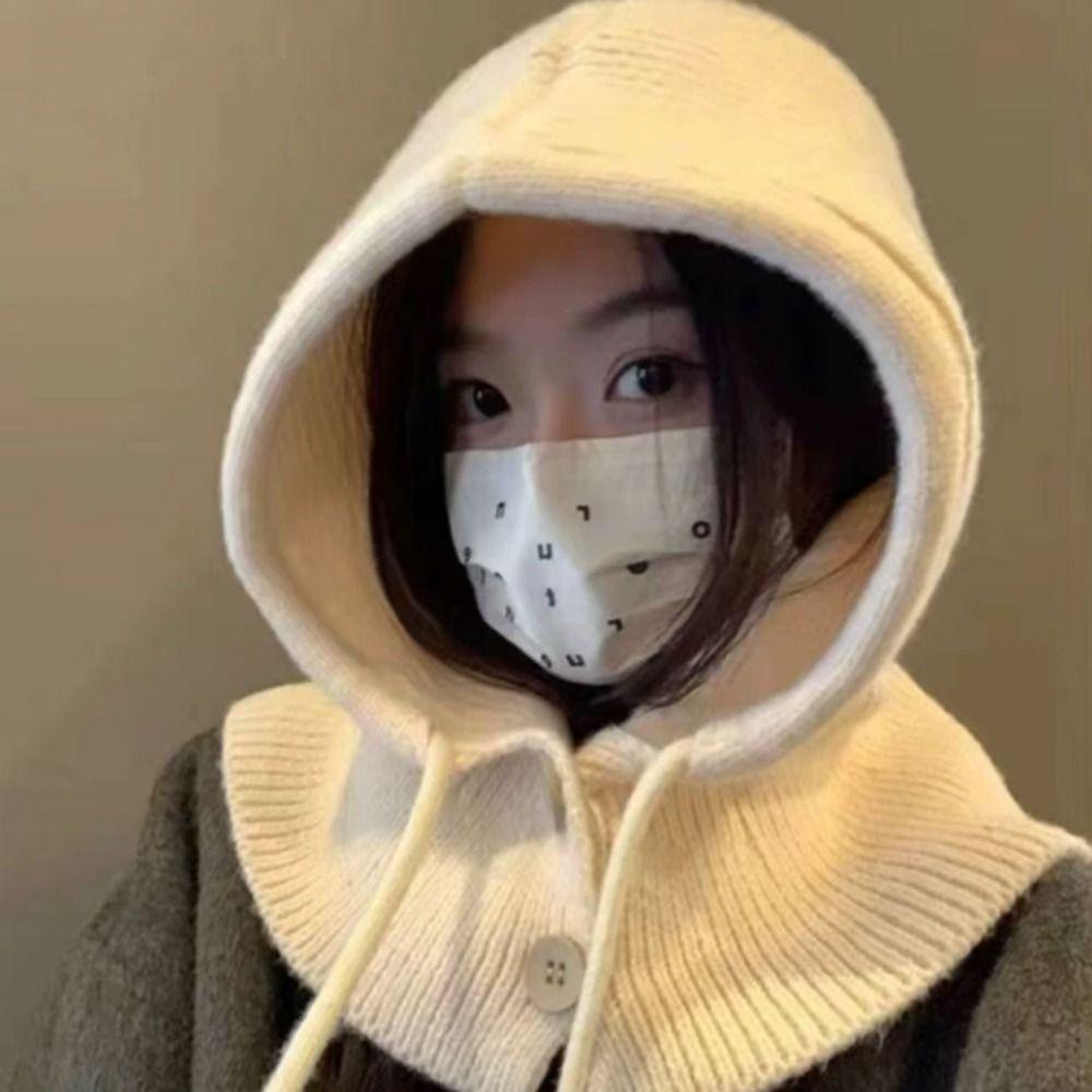 Casual Windproof Knitted Woolen Cap Thickened Keep Warm Beanies Cap Neck Warmer Ear Protection Shawl Hat for Women