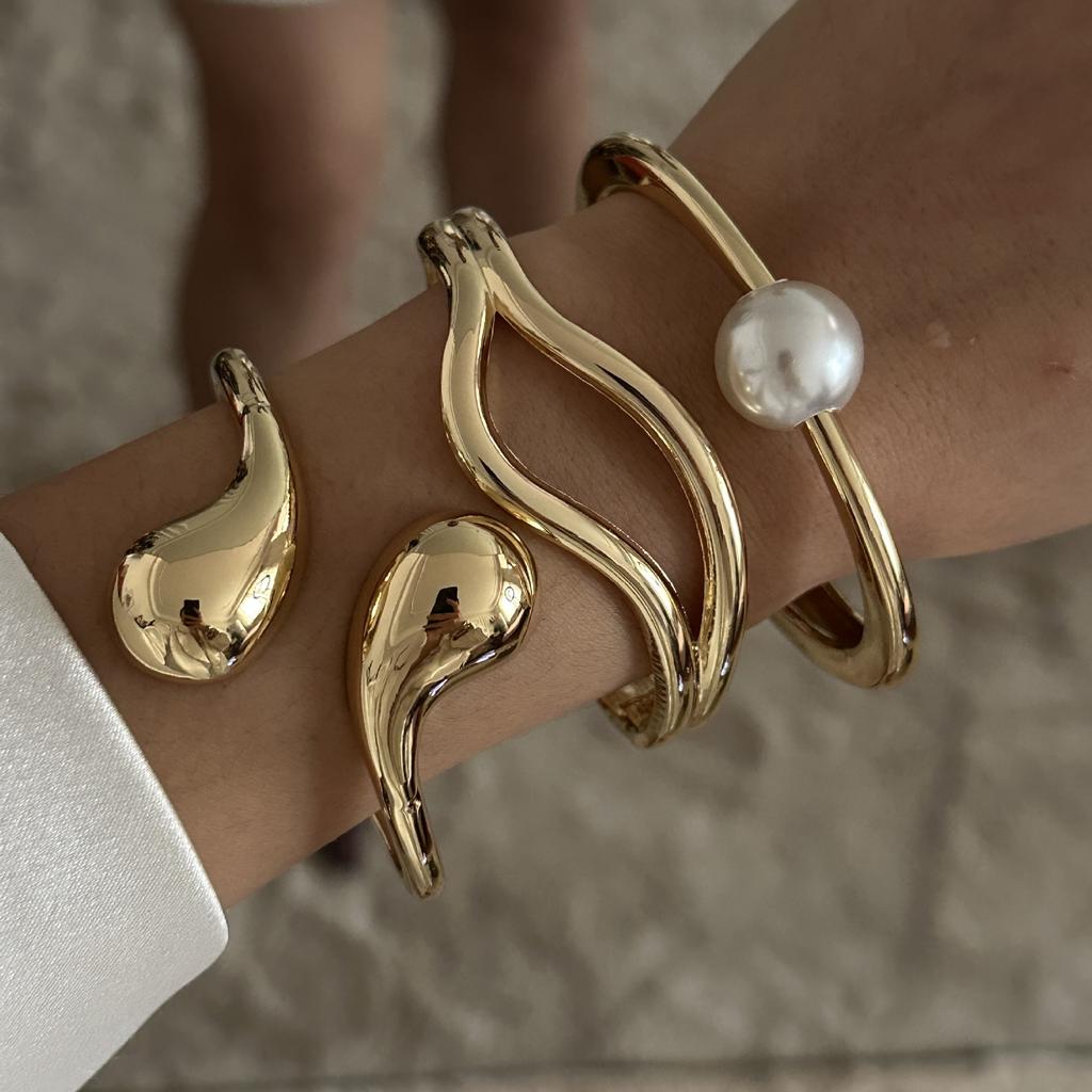 DIEZI 3 style Pearl Cuff Bangles Punk Hip Hop Men Gold Silver Color Metal Water Drop Spring Bangles  Women Bracelet Jewelry