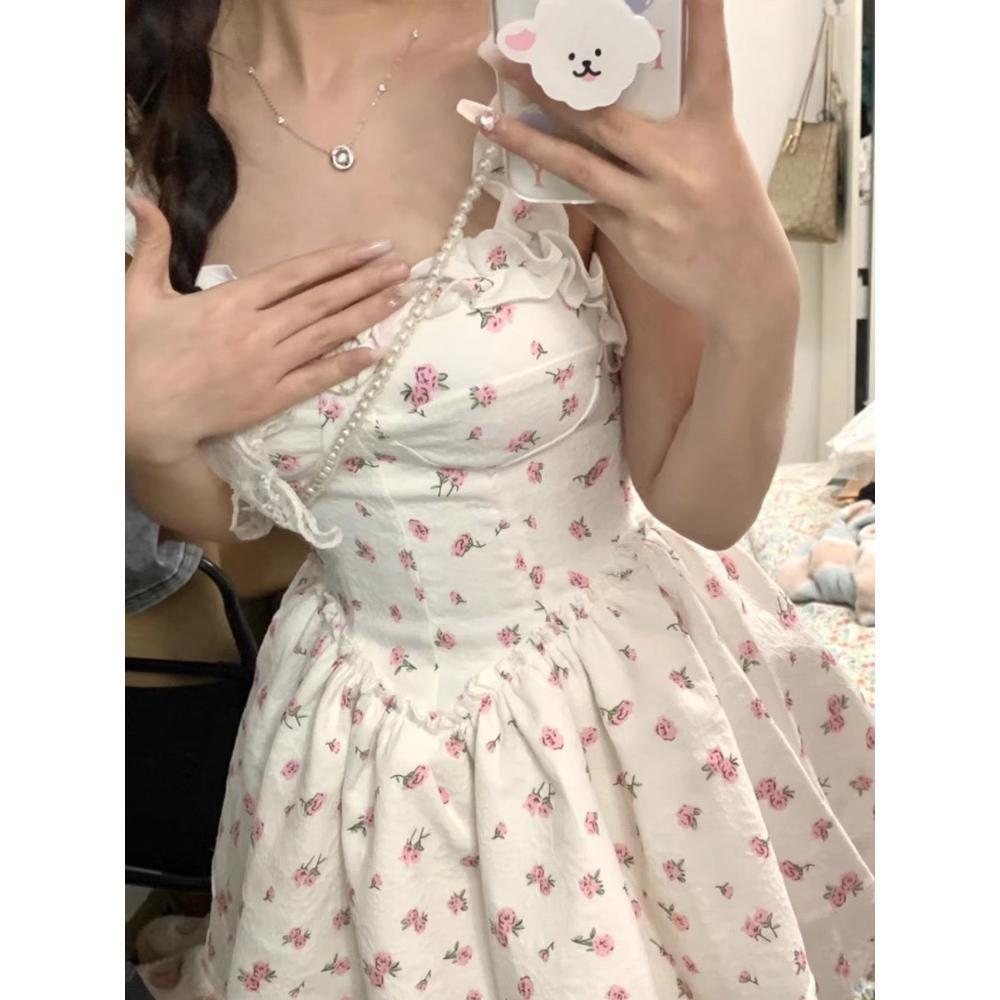 Small waist skirt short skirt tall floral suspender dress women's summer tutu