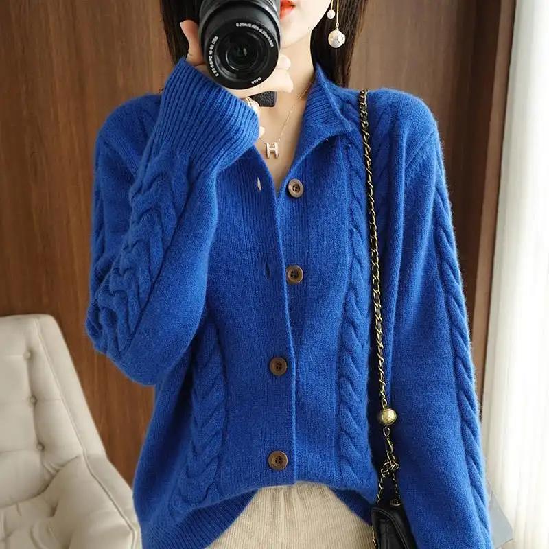 Свитера Пальто Кардиган для Женщин Осень Зима Большой Размер Однотонный Свободный Длинный Рукав Вязаные Свитера Пальто S синий