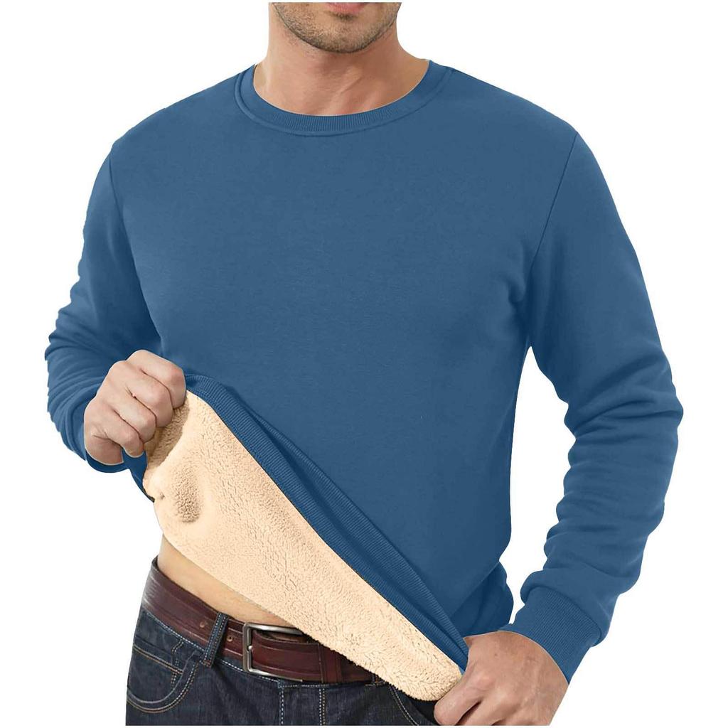 Men's Fleece-Lined Crew Neck Sweatshirt - Loose Fit, Solid Color, Warm Autumn/Winter Wear.