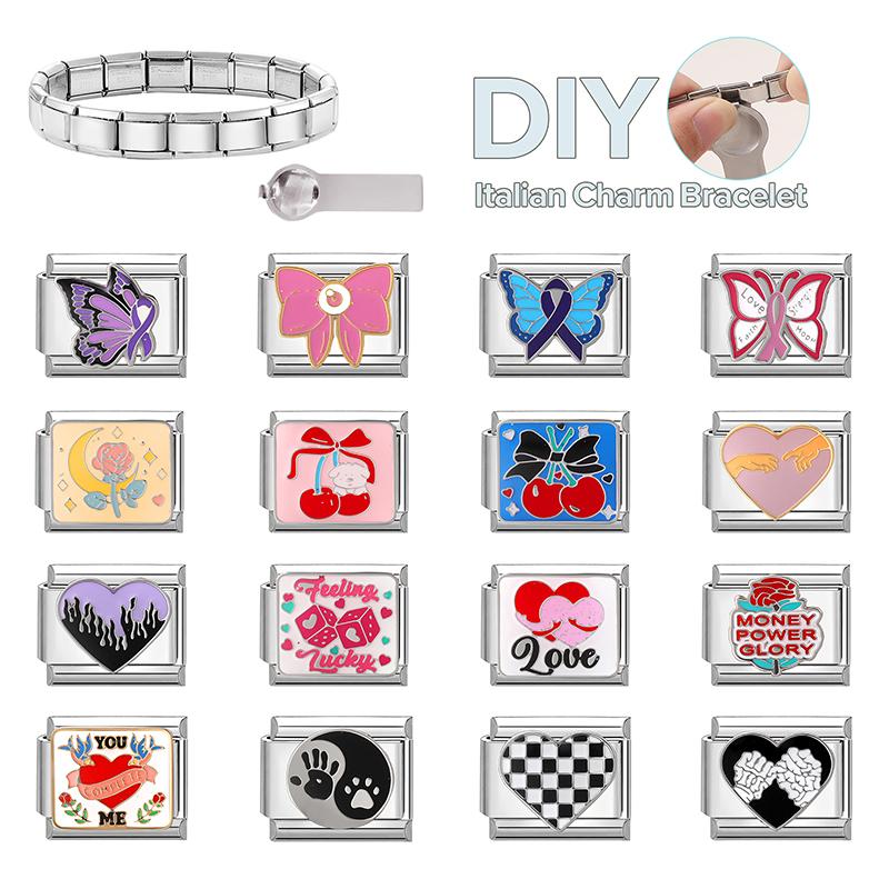Pink Purple Butterfly Cherry Heart Tai Chi Bow Knot Italian Charm Link Fit 9MM Bracelet Stainless Steel Women Men DIY Making